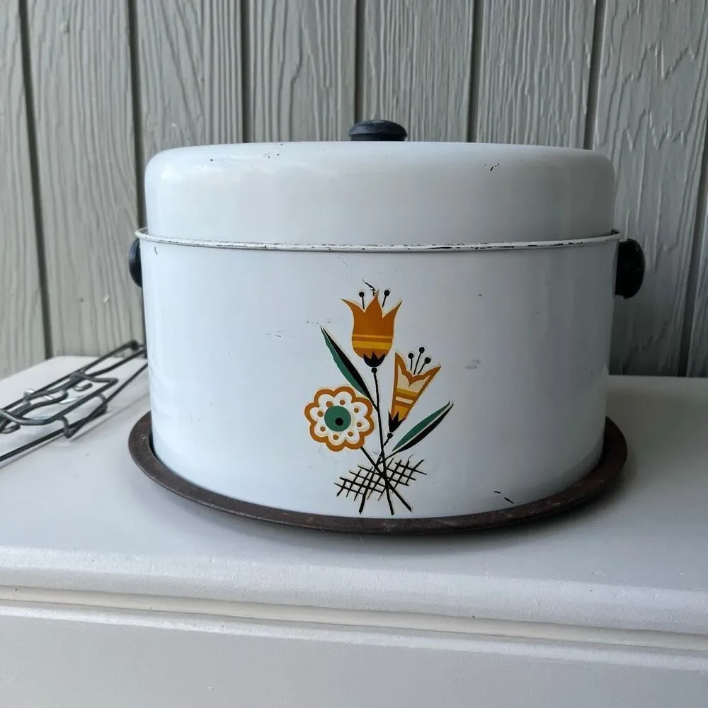 VTG 50s Enamel Cake Carrier Floral Mid Century Kitchen Decor Kitsch Mod